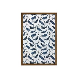 Ambesonne Narwhal Framed Wall Art, Aquarelle Whales with Anchors Marine Biology Illustration Brush Stroke, Fabric Decor with Teak Tone Wood Frame Home & Dorm Decor, 23" x 35", Dark Blue Navy Blue