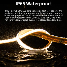 PAUTIX COB LED Strip Light IP65 Waterproof Warm White 3000K,UL-Listed 20ft/6.1m CRI 90+ Super Bright 24V LED Tape Light for Cabinet/Home/Office DIY Lighting Projects(Adapter & Dimmer Not Included)