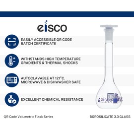 EISCO Volumetric Flask, 25mL - Class A - Borosilicate Glass, Polyethylene Stopper, 10/19 Socket - QR Code Marking for Calibration Certificate