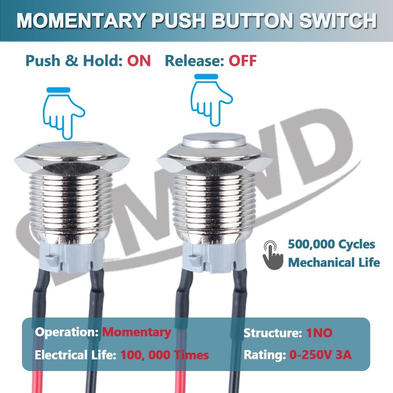 DMWD 5pcs 16mm Momentary Metal Push Button Switch High Round