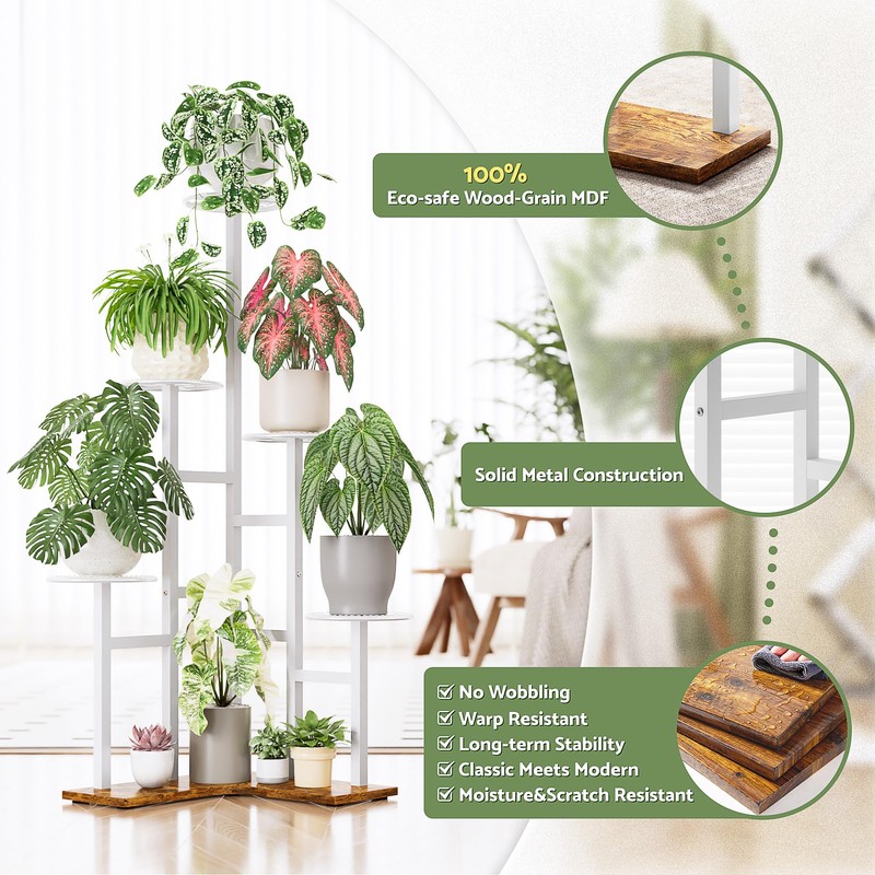 NQW 6 Tier Wood Metal Tall White Indoor Plant Stand