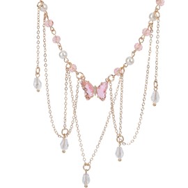 MOSTORY Pink Butterfly Fairy Necklace - Crystal Pendant Necklace for Renaissance Fairycore Accessories Women, Renfaire Choker with Pearls for Photo Shoot Fae Cosplay Fantasy Outfit