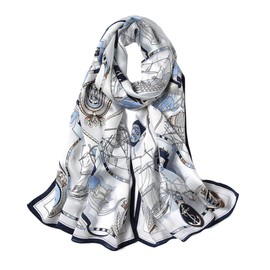 ANDANTINO 100% Mulberry Silk Long Scarf for Women Large Shawls for Headscarf and Neck- Oblong Hair Wraps with Gift Packed, White&blue-sailing, Large