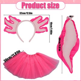 3 Pcs Pink Axolotl Costume Kids Set Including 1Pcs Headband,1Pcs Soft Tail and 1Pcs Princess Tutu Skirt Costume Accessories for Kids Birthday Cosplay Fancy Dress Up Party