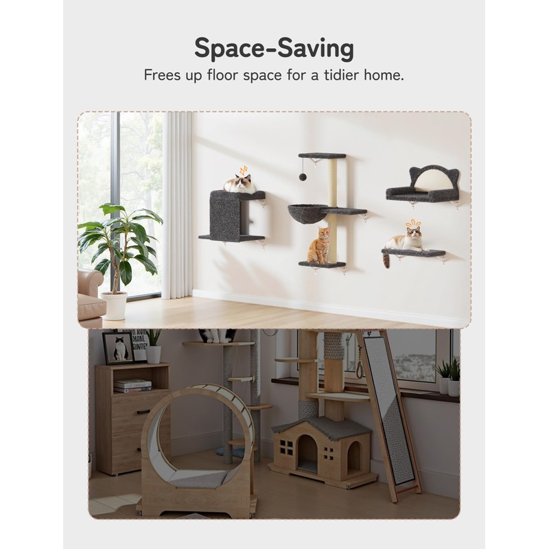 5-in-1 Cat Wall Shelves, Solid Wood & Velvet & Sisal