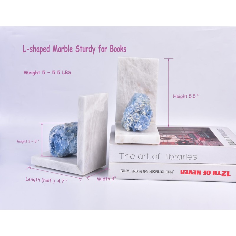 AMOYSTONE Natural Marble Bookends Heavy Duty for Shelves, L-Shaped Decorative