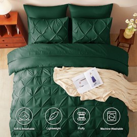 CozyLux Full Comforter Set 7 Pieces Bed in a Bag Emerald Green, Pintuck Pinch Pleat Bedding Sets with All Season Comforter, Flat Sheet, Fitted Sheet and Pillowcases & Shams
