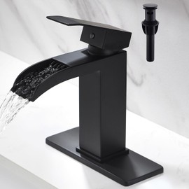 Waterfall Bathroom Faucet Black - Single Handle Bathroom Sink Faucets 1 or 3 Hole for 4IN Modern Solid Vanity Faucet with Deck Plate & Overflow Pop Up Drain Matte Black