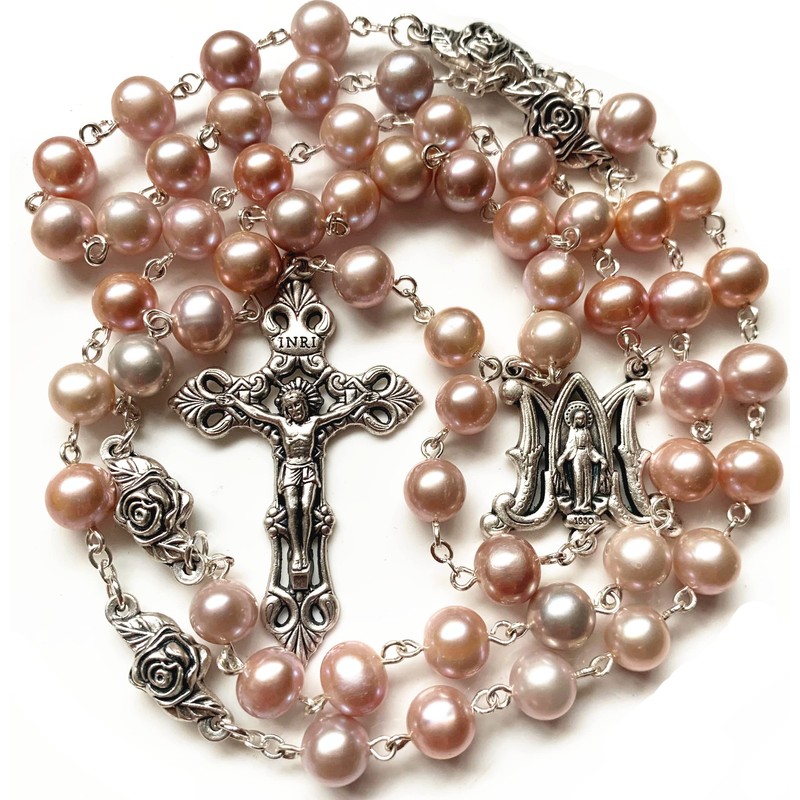 elegantmedical CATHOLIC AAA 8mm REAL PEARL Pearls SILVER ROSE BEADS