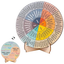 Feelings Wheel with Stand, Double-Sided Wooden Emotions Wheel for Adults Mental Health Therapist Gifts for Women Men Home Office Decor (Diameter 15cm)
