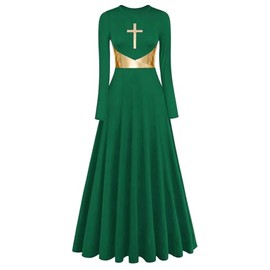 ELLYDOOR Womens Metallic Cross Worship Praise Dance Dress Full Length Lyrical Dancewear Church Liturgical Robe Dress Tag M, Green