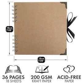 Bstorify Square Scrapbook Photo Albums 36 Pages (7 x 7 inch) Brown Thick 200gsm Kraft Paper Scrap Book, Memory Book, Ribbon Closure - Ideal for Your Scrapbooking Albums, Art & Craft Projects
