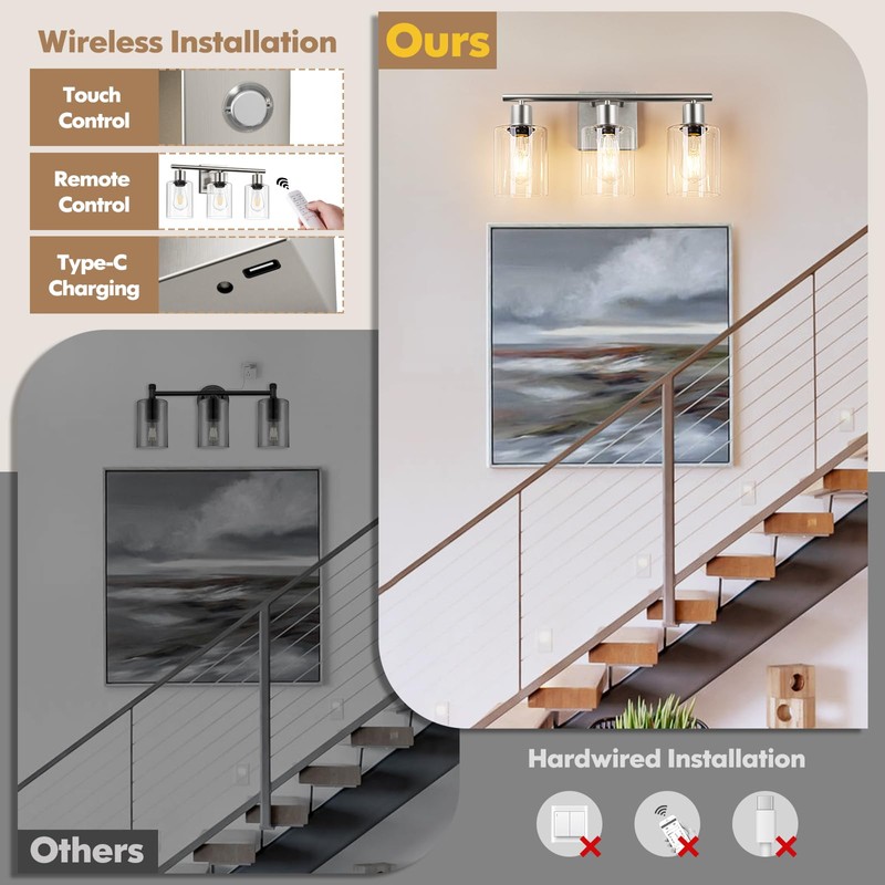 Battery Operated Wall Sconce, 3-Light Dimmable Rechargeable Vanity Light Fixture