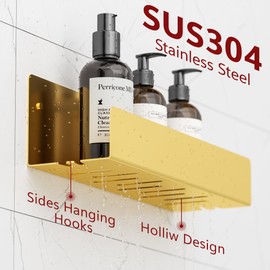 Qeke Shower Caddy, 12" Bathroom Shelf Organizer with 2 Hooks, SUS304 Stainless Steel Floating Shelves with Large Capacity, Rustproof Rack for Inside Shower, Brushed Golden