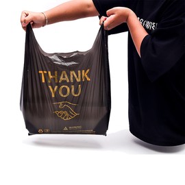 50 pcs Thank You Plastic Grocery Bag Reusable T Shirt Bags for Store Shopping Disposable To Go Food Bag Bulk 12"x19" - Black