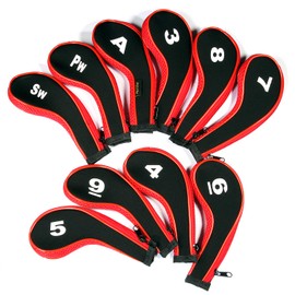 10pcs/Set Neoprene Zippered Long Neck Number Print Golf Iron Covers … (Red)
