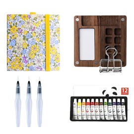 Mini Portable Watercolor Palette Set-Grid Paint Box with Binder Clips Include Paint - Brush*3 and Picture Album Art Materials Coloring Markers (S-Walnut, Yellow Book)