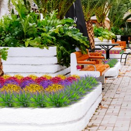 LANKAMO 10 Bundles Artificial Plants Outdoor Fake Monkey Grass UV Resistant Lavender Faux Shrubs for Home Weddings Garden Porch Front Patio Office Decor (Purple)