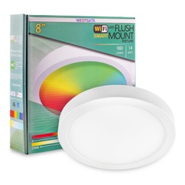 Westgate TC-FML-8-14W-RGBW-WIFI 8 Inch LED Flush Mount Fixture, White Die-Cast Aluminum Housing, Compatible with Alexa, Works with Google Home, Dimmable Ceiling Light, Color Changing Lamp