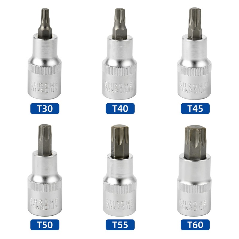 DAKCOS Torx Bit Socket Set, 1/2" Drive, 6 Pieces Star