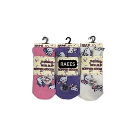 RAEES® Girls' Kitty Cat Thermal Non-Slip Gripper Socks, Cozy Bedwear, Anti-Skid Yoga Socks for Home (3 Pairs, UK Age 4-6 Yrs, MC)