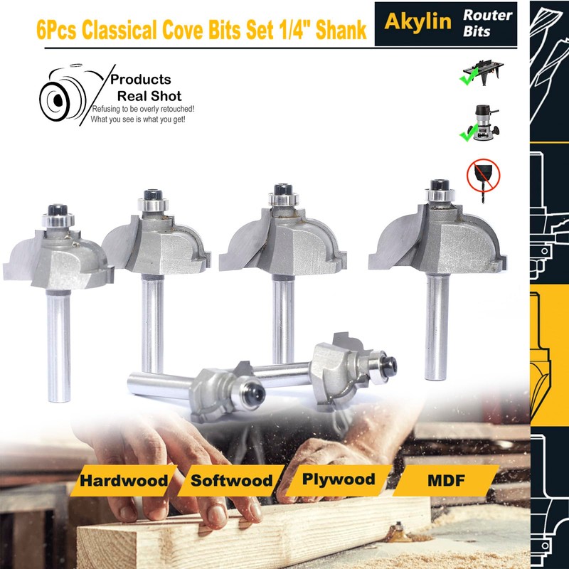 Akylin 6pcs Classical Cove Router Bit Set,1/4" Shank Cove &