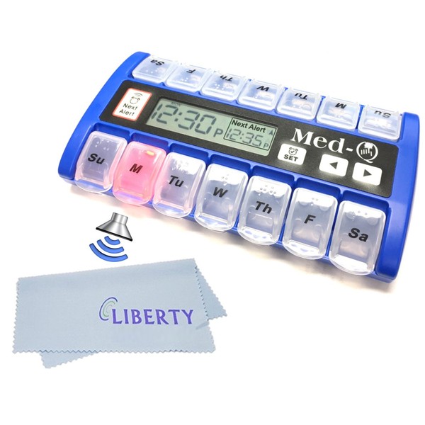 Amazin Pill Dispenser with Beeping Reminder, Flashing Guides and Liberty Cloth