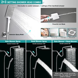 10" High Pressure Rainfall Shower Head with Handheld Combo, Upgrade 12" Extension Arm Height Adjustable, Powerful Stainless Steel Shower Head, Brass Shower Holder Extra Long Shower Hose, Chrome