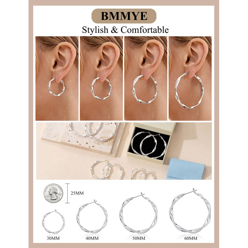 BMMYE Sterling Silver Hoops Earrings for Women 30mm