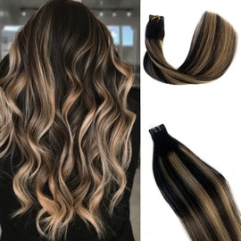 Smavida 24Inch Long Tape in Human Hair Extensions Highlighted Natural Black to Strawberry Blonde Remy Hair Extensions #613 Blonde Tape in Skin Weft Natural Hair Extensions