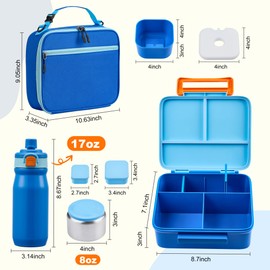 MAISON HUIS Kids Bento Box Set - Includes 8oz Soup Thermo, Insulated Lunch Bag & 17oz Stainless Steel Water Bottle, 5-Compartment Bento Box with Built-In Ice Pack, Leak-Proof & BPA-Free(Blue)