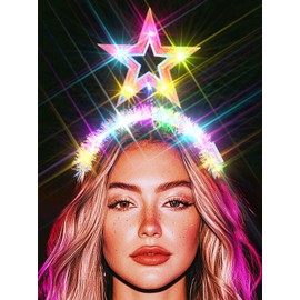GENBREE Light Up Star Headband Glowing Rave Party Costume Hair Band Sparkly Nightclub Hair Accessories for Women