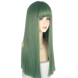 URCGTSA 22 Inches long Hair Wig for Women Green Synthetic Hair Natural Long Straight Wig With Bangs Party Cosplay Wig for Girl (Malachite Green)