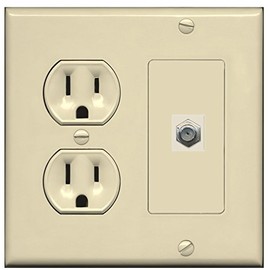 RiteAV (2 Gang Decorative) 15 Amp Round Power Outlet Coax Cable TV Wall Plate - Ivory
