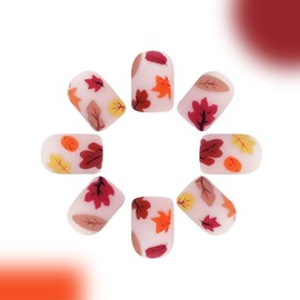 24Pcs Fall Press on Nails Short Square Maple Leaves Design Matte Glue on Artificial Acrylic Nails Nude Pink for Women