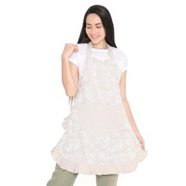 Encasa XO Aprons for Women | Cotton Chambray Fabric with Floral Frill | Kitchen & Cooking Chef Apron with 2 Large Pockets | Stylish Protection - 70x85 cm - Beige