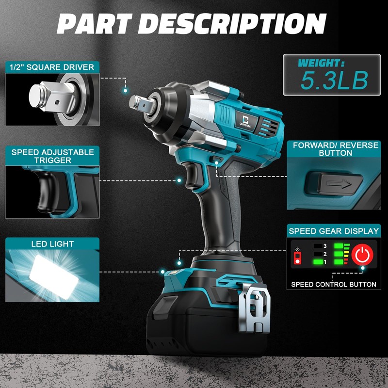 Cordless Impact Wrench 1/2 inch for Makita Battery 900FT-LBS with