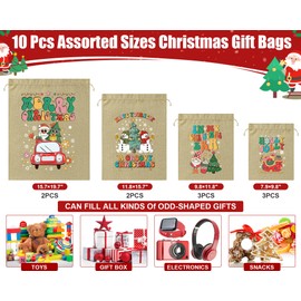 10 PCS Christmas Burlap Drawstring Gift Bags w/Tags, Linen Xmas Gift Bags Assorted Sizes Bulk, Holiday Gift Bags Reusable Large Medium Small Wrapping Bags for Xmas Presents Party Favors Burlap Sack
