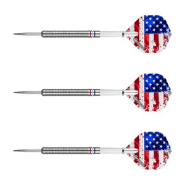Dartfellas - Juego de dardos con punta de acero de 24 g, 90 % de tungsteno con diseño de estrellas y rayas, color rojo, blanco y azul, vuelos y ejes incluidos (2 juegos cada uno), con estuche de viaje, 24 gramos