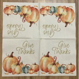 TWO Give Thanks Pumpkins Paper Napkins Decoupage Thanksgiving Autumn Fall Leaves