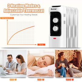 KOTEK Oil Filled Radiator Heater, 1500W Electric Heater with Adjustable Thermostat, 3 Heating Mode, Tip-Over & Overheat Protection, Portable Space Heater for Bedroom Office Indoor Use (White)