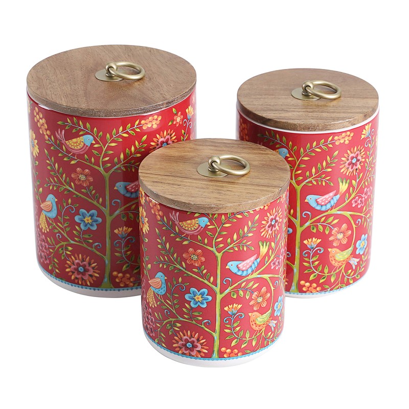 Bico Red Spring Bird Ceramic Canister Set of 3 for