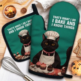 ZHANTUONE That's What I Do I Bake and I Know Things Funny Heat Resistant Oven Mitts and Pot Holders Set with Silicone Non-Slip, Women Cat Lover Cooking Baking Gadgets, Gifts for Mom Wife Sister BFF