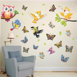 Birds and Butterflies Wall Decals, Nursery Room Decorative Stickers, Colorful Owl Design, Kids Room Wall Art