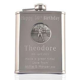 Mens 50th Birthday Stainless Steel Engraved Hip Flask with Solid Pewter Golfer Feature