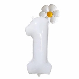 40 Inch White Number 1 Daisy Balloons Set，Birthday Balloons For Kids and Aldult，Jumbo Helium Foil Balloons，1st Birthday Party Decorations. (White 1)