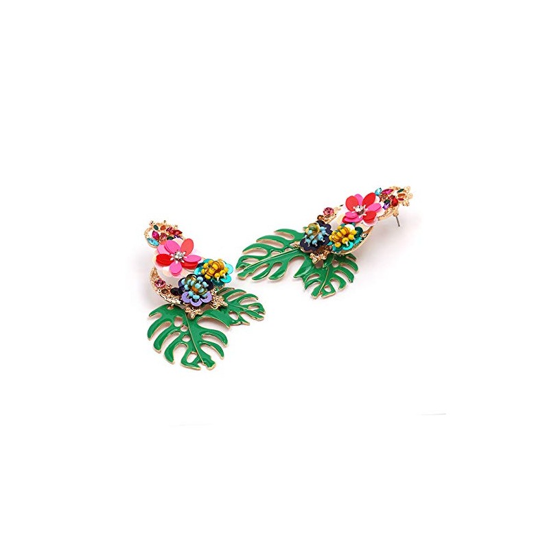 Green Enamel Leaf with Colourful Flowers Statement Earrings