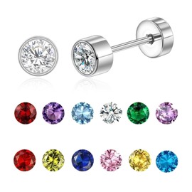 12 Pairs Flat Back Stud Earrings for Women Men Silver 14K Gold Plated Stainless Steel Stud Earrings Brithstone Cubic Zirconia Studs Surgical Steel Cartilage Earrings SV