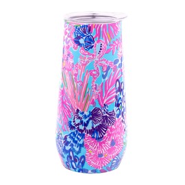 Lilly Pulitzer 10 Oz Stemless Champagne Flute, Small Stainless Steel Tumbler with Lid, Double Wall Insulated Metal Cup, Splendor in the Sand