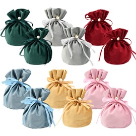 Bekecidi 12 Pcs Velvet Bags with Drawstring and Imitation Pearl, Gift Pouches Candy Bag Bundle Pocket for Birthday Engagement Wedding Supplies (6 Colors)